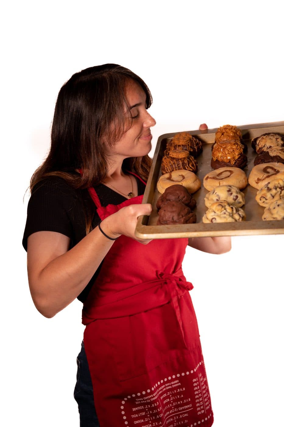 Shannon of ShannyCakes holding a fresh tray of cookies